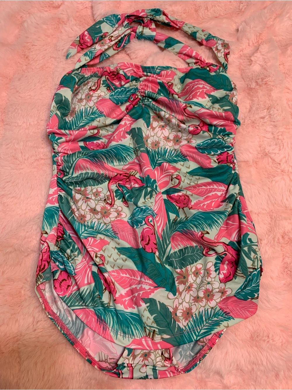 Bettie Page Pink & Teal Flamingo Print One-Piece Swimsuit